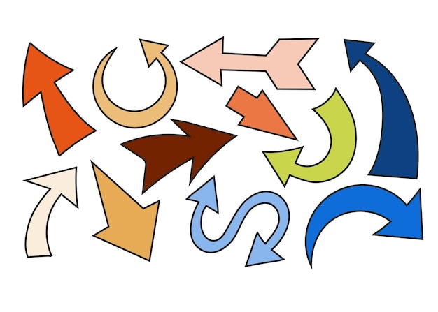 Conjunto de flechas vectoriales de colores dibujadas a mano