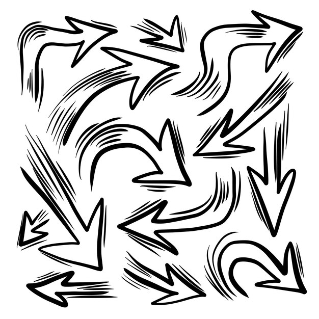 Conjunto de flechas vectoriales dibujadas a mano garabateando sobre fondo blanco