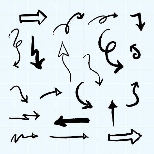 Conjunto de flechas vectoriales dibujadas a mano garabateando sobre fondo blanco
