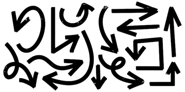 Conjunto de flechas vectoriales dibujadas a mano garabateo en fondo blanco flechas dibujadas con pincel en negrita elemento de diseño ilustración vectorial
