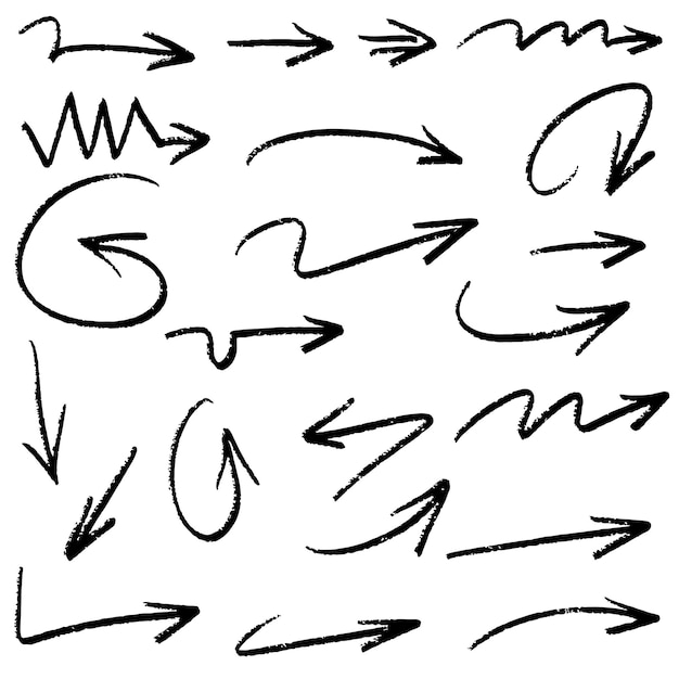 Conjunto de flechas vectoriales dibujadas a mano garabato sobre ilustración de vector de elemento de diseño de fondo blanco