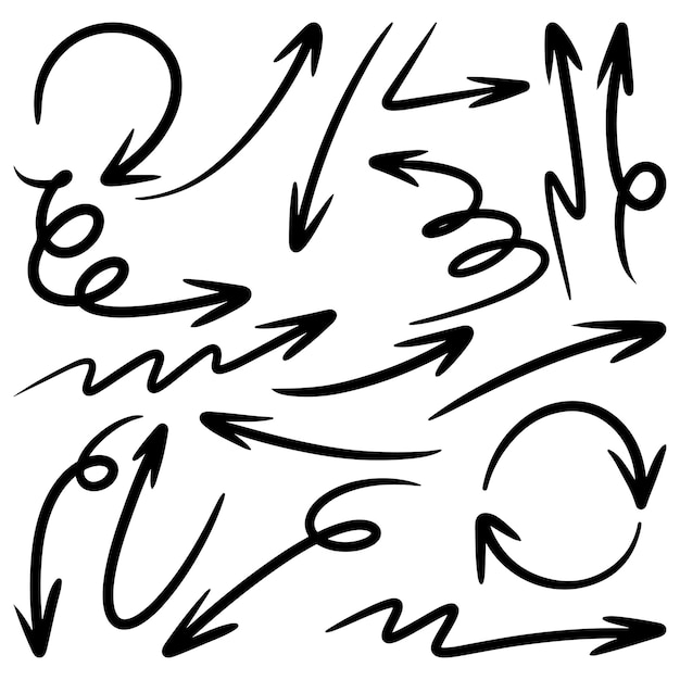 Conjunto de flechas vectoriales dibujadas a mano garabato sobre ilustración de vector de elemento de diseño de fondo blanco