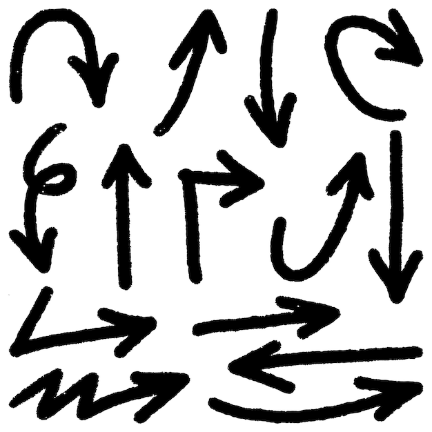 Conjunto de flechas vectoriales dibujadas a mano garabato sobre ilustración de vector de elemento de diseño de fondo blanco