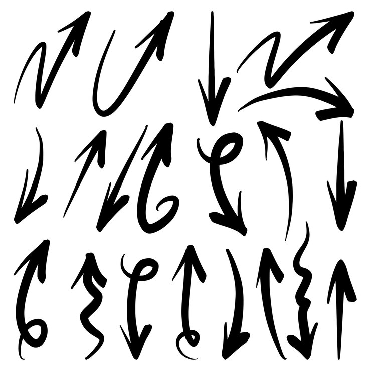 Vector conjunto de flechas vectoriales dibujadas a mano garabato sobre ilustración de vector de elemento de diseño de fondo blanco
