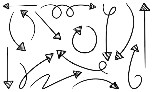 Conjunto de flechas vectoriales dibujadas a mano garabato sobre ilustración de vector de elemento de diseño de fondo blanco