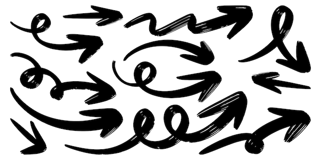 Conjunto de flechas vectoriales dibujadas a mano garabato sobre ilustración de vector de elemento de diseño de fondo blanco