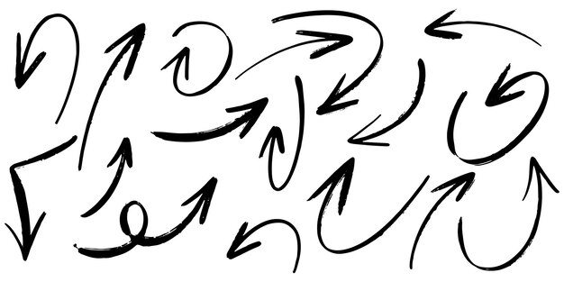 Conjunto de flechas vectoriales dibujadas a mano garabato sobre ilustración de vector de elemento de diseño de fondo blanco