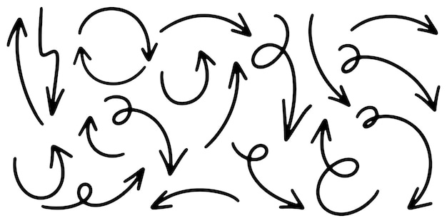 Conjunto de flechas vectoriales dibujadas a mano garabato sobre ilustración de vector de elemento de diseño de fondo blanco