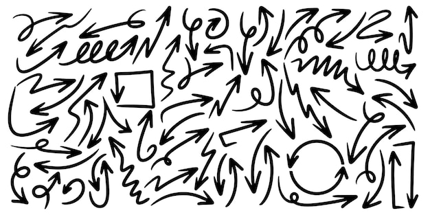 Conjunto de flechas vectoriales dibujadas a mano garabato sobre ilustración de vector de elemento de diseño de fondo blanco