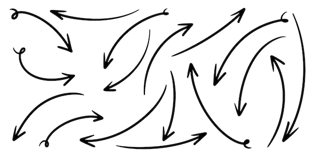 Conjunto de flechas vectoriales dibujadas a mano garabato sobre ilustración de vector de elemento de diseño de fondo blanco
