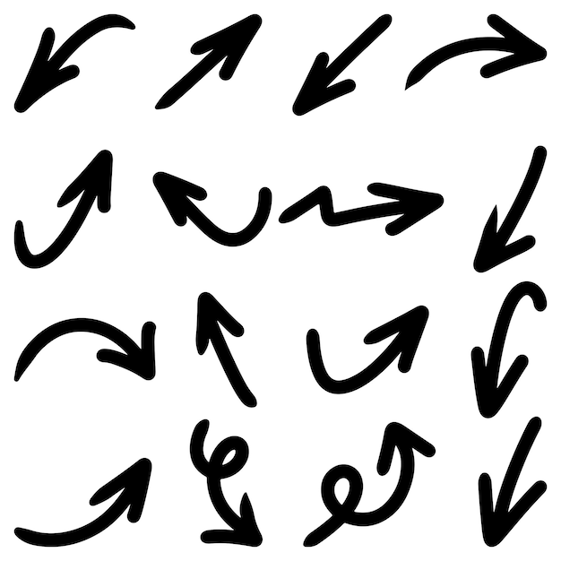 Conjunto de flechas vectoriales dibujadas a mano garabato sobre ilustración de vector de elemento de diseño de fondo blanco