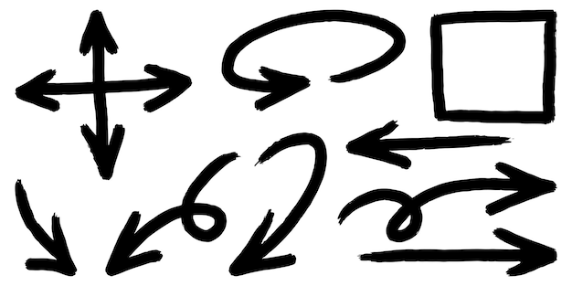 Conjunto de flechas vectoriales dibujadas a mano garabato sobre ilustración de vector de elemento de diseño de fondo blanco