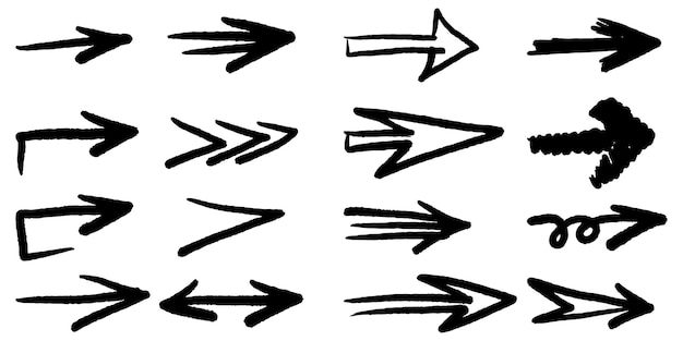Conjunto de flechas vectoriales dibujadas a mano garabato sobre ilustración de vector de elemento de diseño de fondo blanco