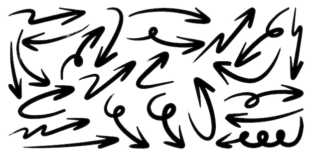 Conjunto de flechas vectoriales dibujadas a mano garabato sobre ilustración de vector de elemento de diseño de fondo blanco