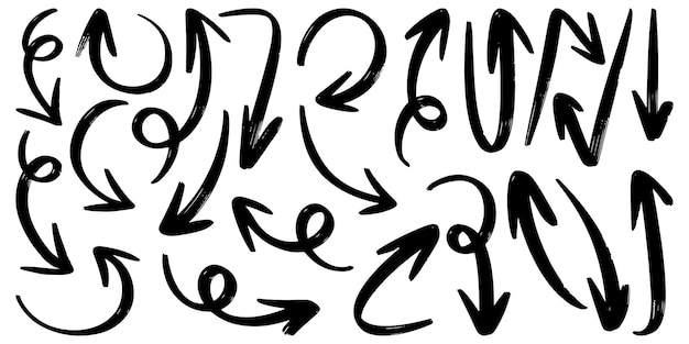 Conjunto de flechas vectoriales dibujadas a mano garabato sobre ilustración de vector de elemento de diseño de fondo blanco