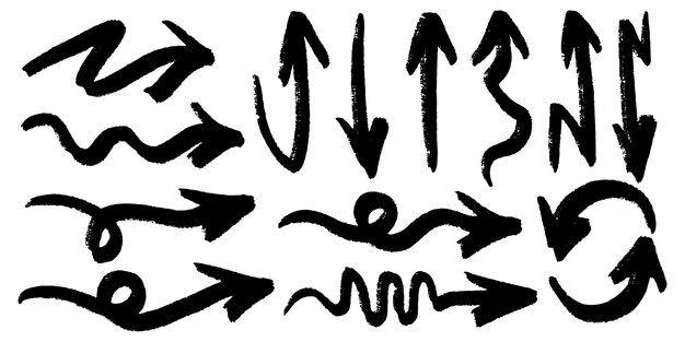 Conjunto de flechas vectoriales dibujadas a mano garabato sobre ilustración de vector de elemento de diseño de fondo blanco