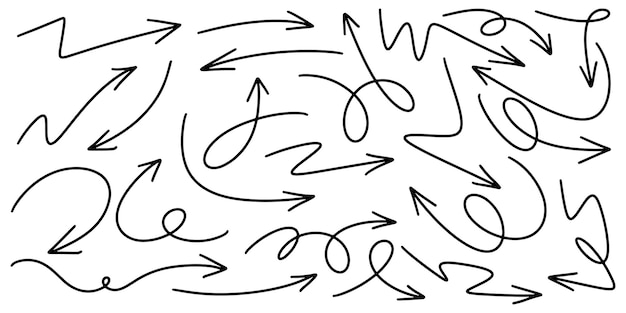 Conjunto de flechas vectoriales dibujadas a mano garabato sobre ilustración de vector de elemento de diseño de fondo blanco