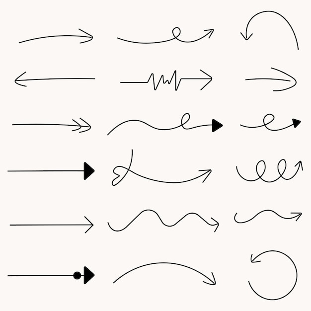 Conjunto de flechas vectoriales de dibujos a mano lineales simples, blancas y negras