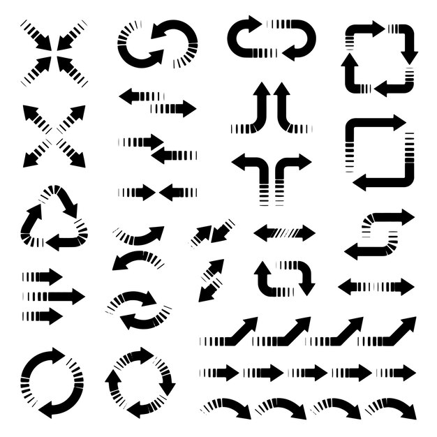 Conjunto de flechas vectoriales elementos de diseño negros aislados sobre fondo blanco