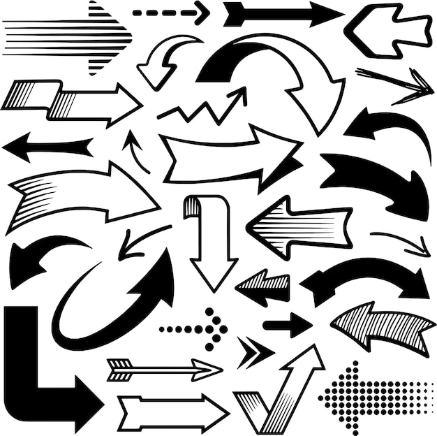 Conjunto de flechas vectoriales negras Elementos de diseño Grunge diferentes formas Isolado negro y blanco atrás