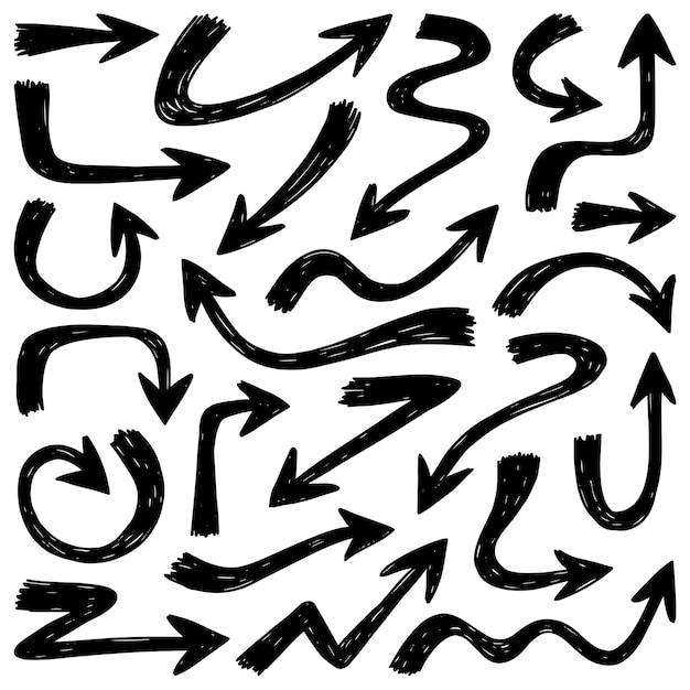 Conjunto de flechas vectoriales negras Elementos de diseño Grunge diferentes formas Isolado negro y blanco atrás