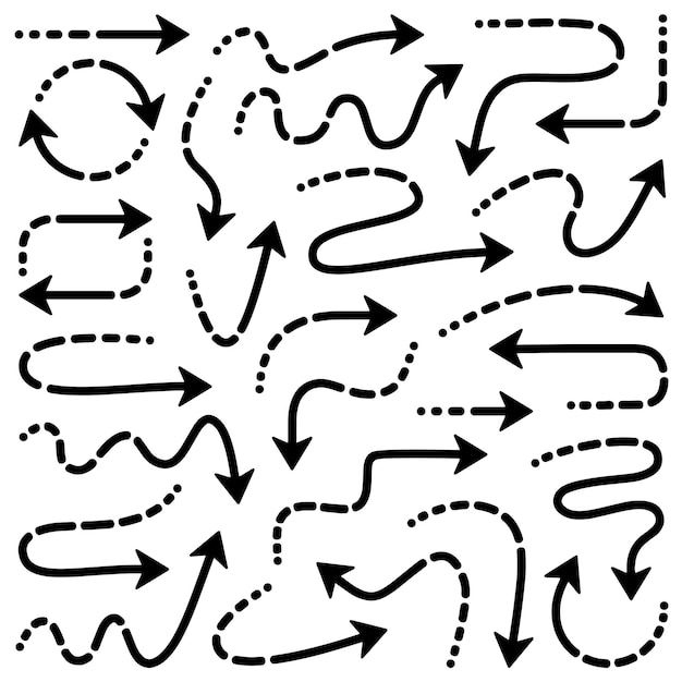 Conjunto de flechas vectoriales negras Líneas discontinuas Diferentes formas de elementos de diseño de flechas