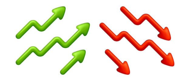 Conjunto de flechas verdes y rojas 3D que apuntan hacia arriba y hacia abajo y flechas de ganancias para gráficos de negocios y finanzas que indican éxito y fracaso