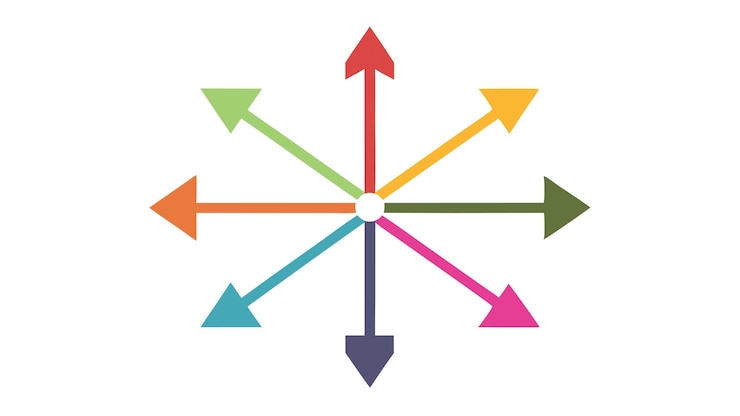 Vector un conjunto de flechas vibrantes de color derecha izquierda arriba abajo en ilustración vectorial resumen geométrico plano