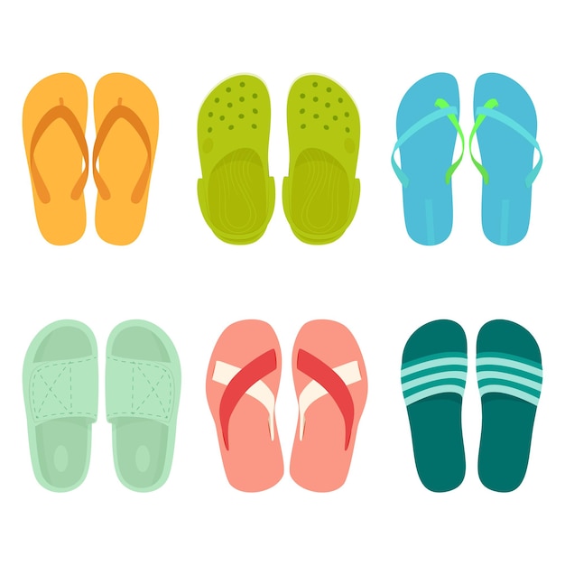 Un conjunto de flip-flops de verano de diferentes modelos Ilustración vectorial aislada sobre fondo blanco