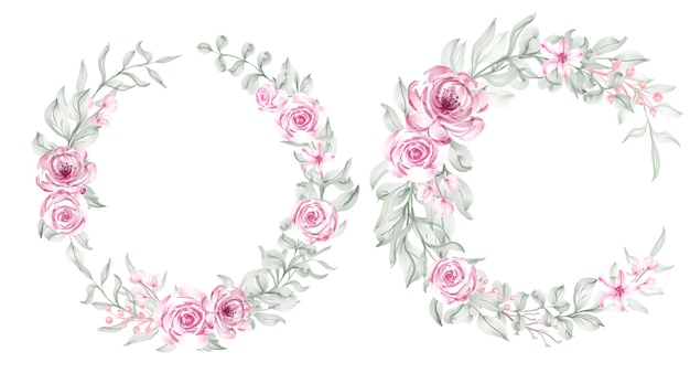 Conjunto de flor color de rosa acuarela marco diseño de corona de flores de ramo rosa y blanco