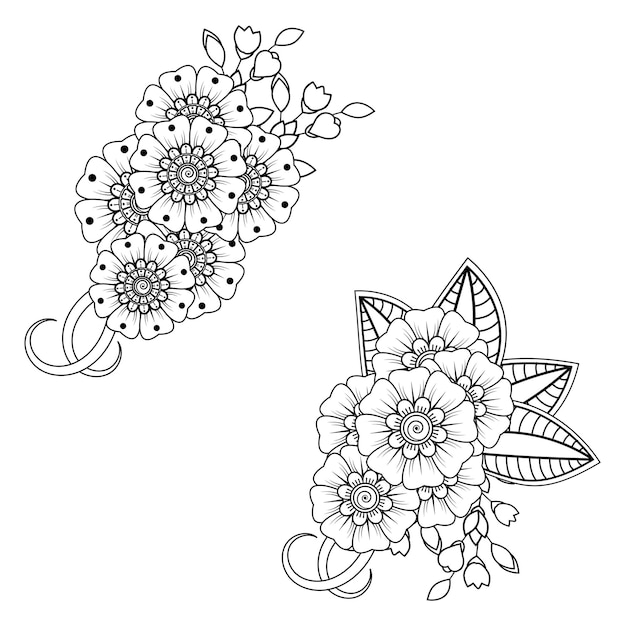 Conjunto de flor mehndi. adorno decorativo en estilo étnico oriental. adorno de doodle. contorno mano dibujar ilustración.