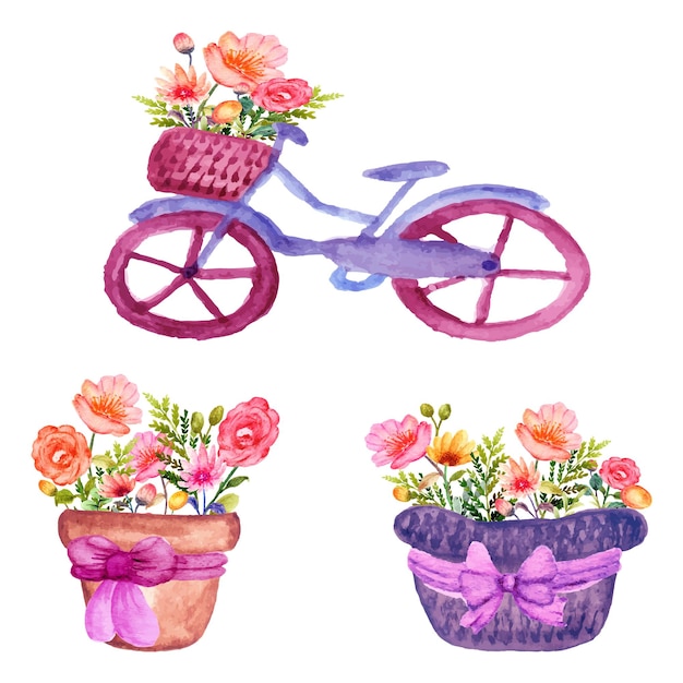 Conjunto floral dibujado a mano en una cesta y bicicleta