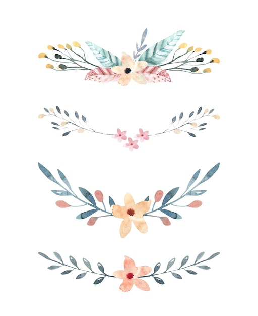 Conjunto floral de flores hojas y ramas ramos y composiciones acuarela pintada a mano ilustraciones aisladas sobre fondo blanco