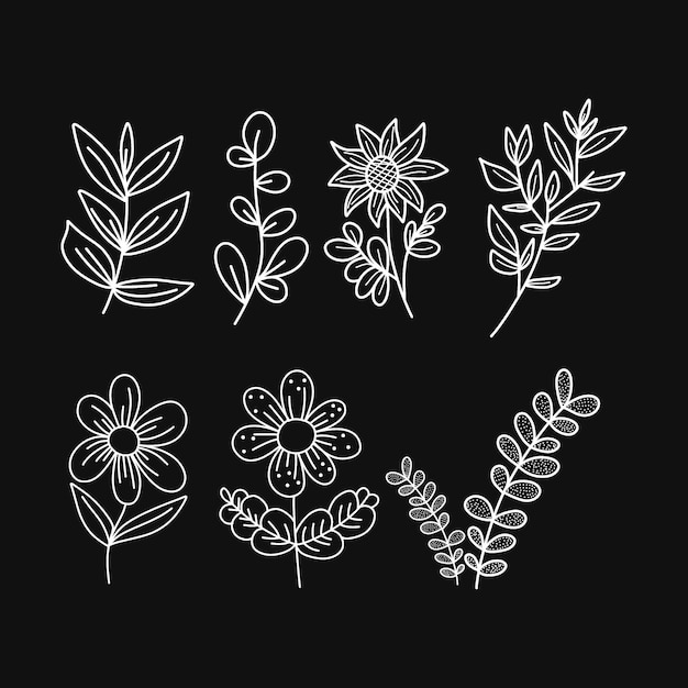 Conjunto floral de garabateo minimalista en un fondo negro aislado