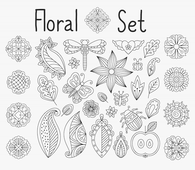 Conjunto floral con hojas y mandalas.