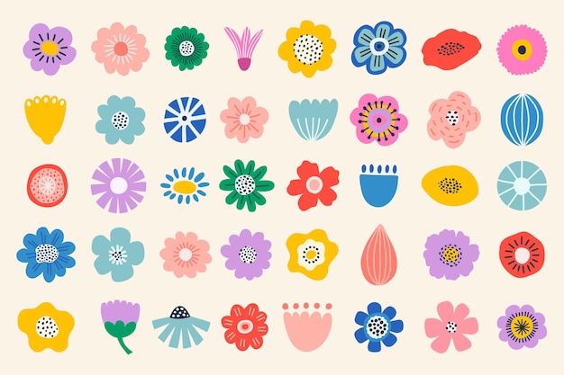 Conjunto de flores abstractas dibujadas a mano geométricas de formas coloridas Ilustración vectorial moderna