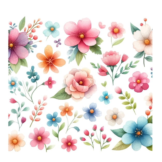 Conjunto de flores en acuarela con elementos florales pintados a mano Ilustración vectorial