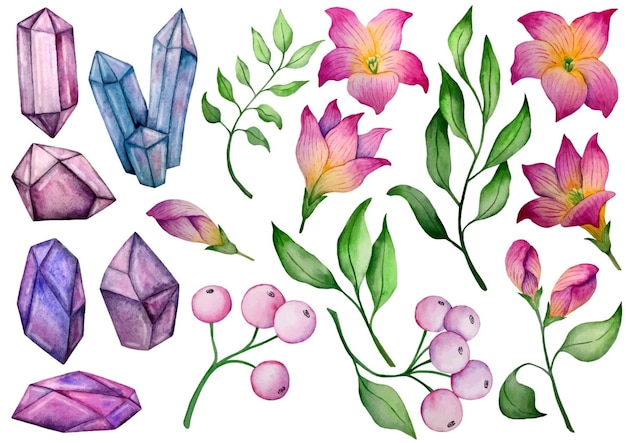 Conjunto de flores de acuarela, hojas y piedras preciosas.