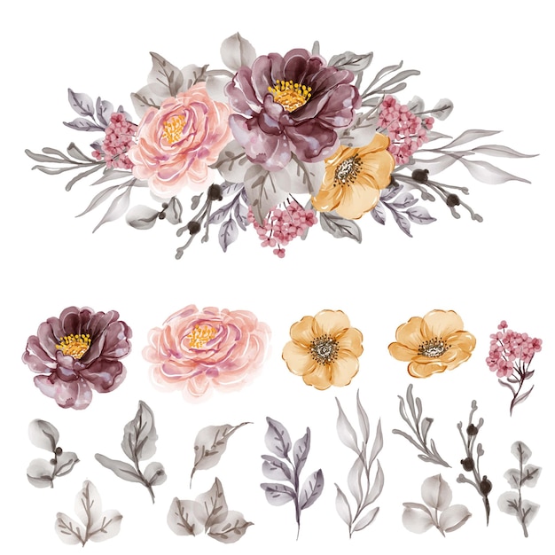 Conjunto de flores aisladas hojas acuarela floral