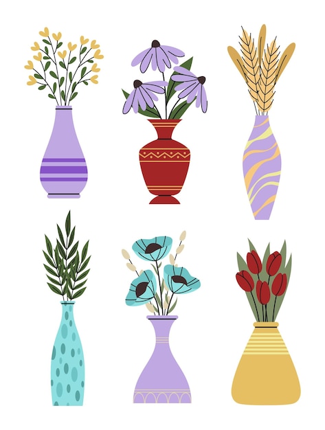 Conjunto de flores aisladas por vectores en jarrones