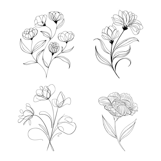 Conjunto de flores de arte de líneas elegantes dibujadas a mano