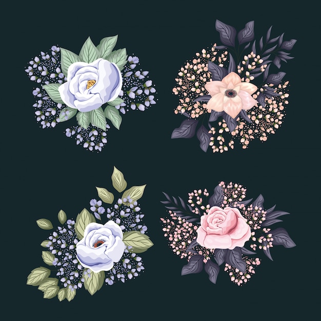 Conjunto de flores blancas con pintura de capullos y hojas.