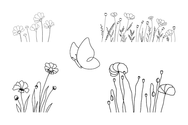 Conjunto de flores botánicas dibujadas a mano línea de arte vectorial Colección de follaje ramas de hojas florales