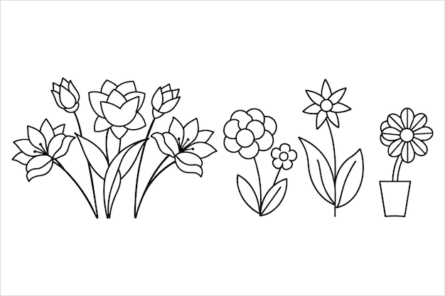 Conjunto de flores botánicas dibujadas a mano en línea de arte vectorial Colección