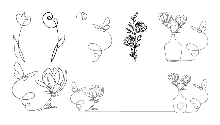 Vector conjunto de flores botánicas dibujadas a mano vector de arte de línea colección de ramas de hojas de follaje floral f