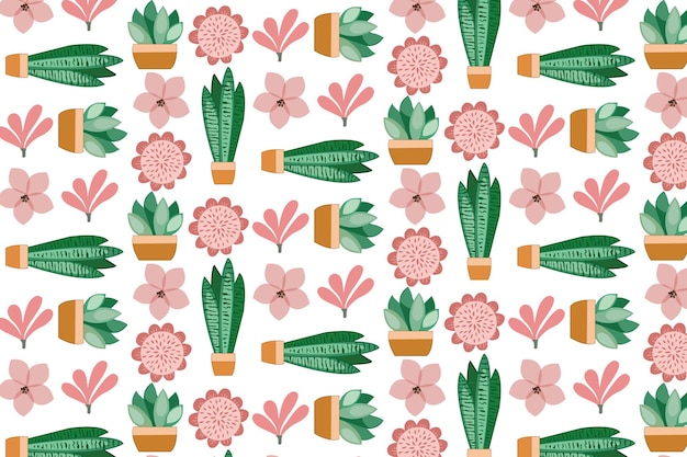 Vector conjunto de flores y cactus sin costuras