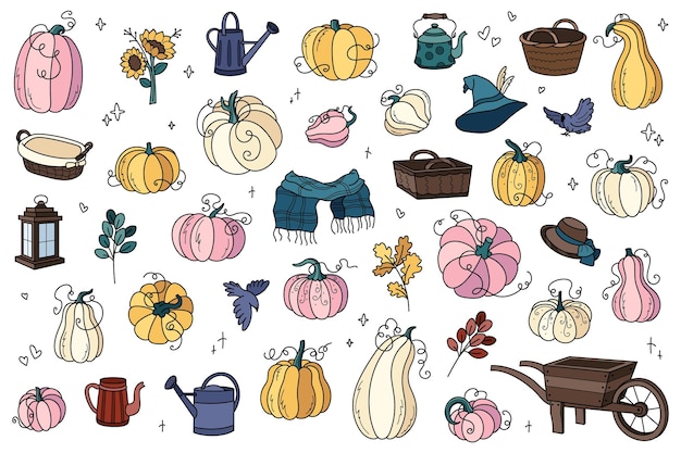 Conjunto de flores de calabazas de otoño, hojas y otros artículos dibujados a mano