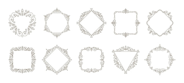 Conjunto de flores caligráficas marcos ornamentales elegantes Elementos para el diseño de logotipos o identidades