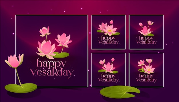 Vector un conjunto de flores de color púrpura con las palabras feliz día de vesak.