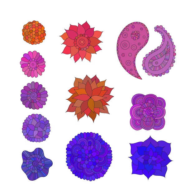 Conjunto de flores coloridas y elementos de garabato en estilo oriental